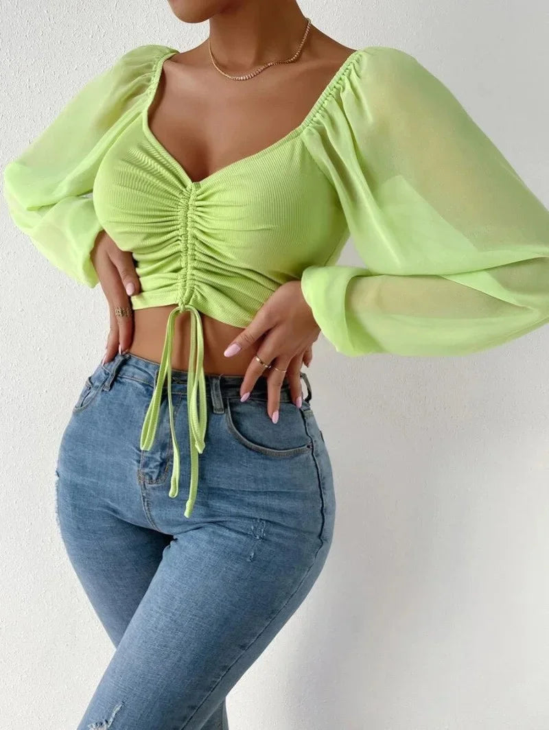 Drawstring Long Sleeve Crop Tops