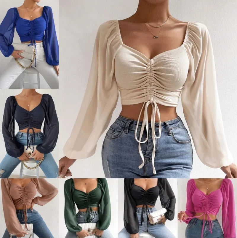 Drawstring Long Sleeve Crop Tops