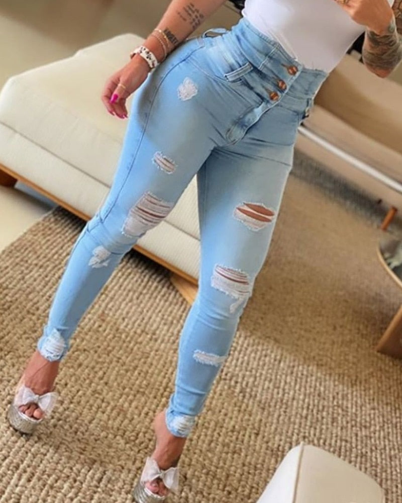 Button Ripped Tight Jean