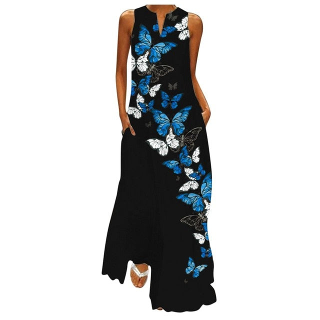 Sleeveless Print V-Neck Maxi Dress