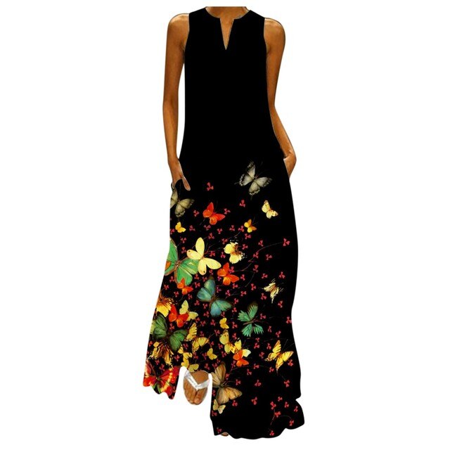 Sleeveless Print V-Neck Maxi Dress