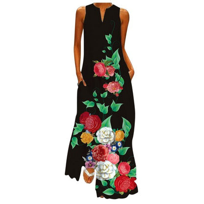 Sleeveless Print V-Neck Maxi Dress