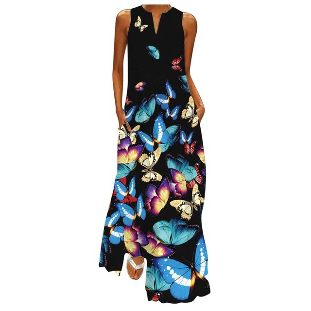 Sleeveless Print V-Neck Maxi Dress